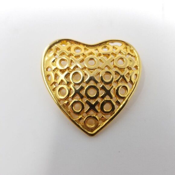 Vintage Anne Klein X's and O's Heart Shaped Brooch Lapel Pin, Gold Tone, Estate - Picture 1 of 6